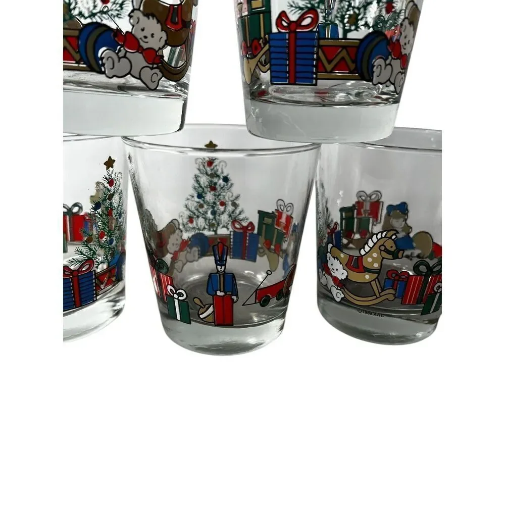 1988 Anchor Hocking Christmas Toys Rocks Highball Glasses Lot Of 5